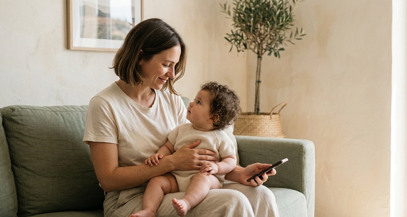 Una mamma sorride al suo bambino in braccio, il telefono in mano dopo aver letto un messaggio della pediatra.