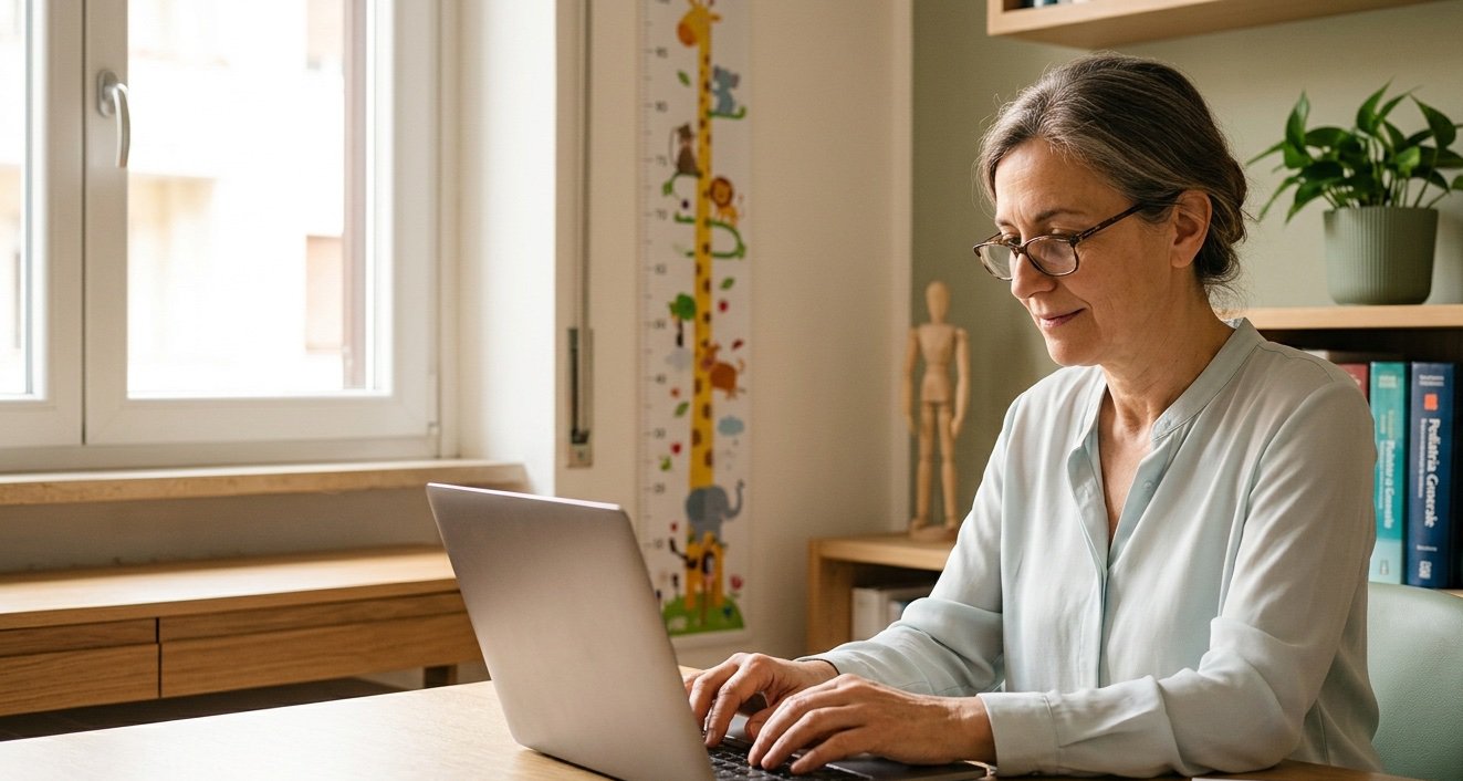 Una pediatra al laptop nel suo studio risponde con calma al messaggio di una mamma.